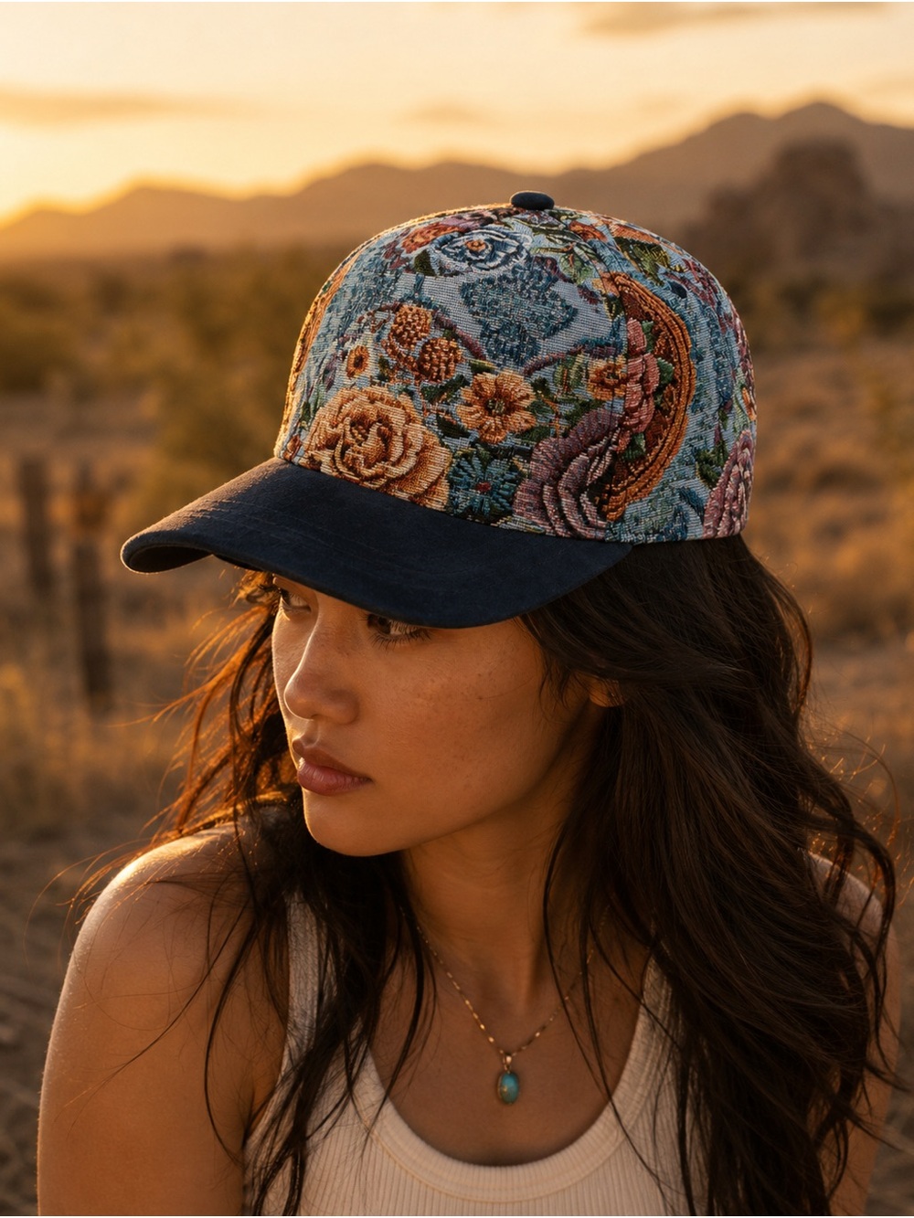 Floral Tapestry Baseball Cap with Navy Brim